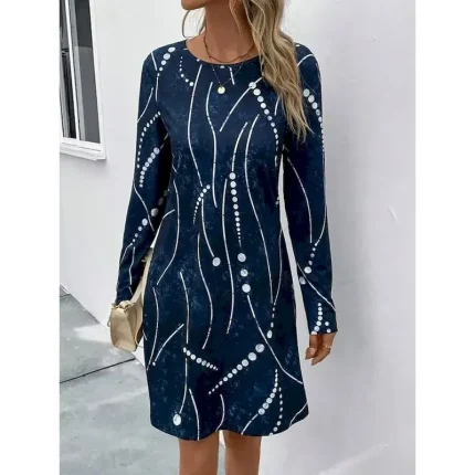 Women's Midi Dress Round Neckline Abstract Beaded Constellation Pattern A-Line Three Quarter Sleeve Velvet Texture Navy Blue Casual to Formal Occasions - Image 5