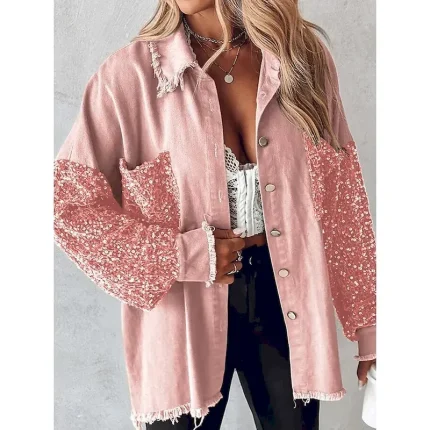 Women's Shirt Jacket Casual Jacket Breathable Comfortable Pocket Sequin Casual Plain Vacation Street Casual Daily Wear Single Breasted Regular Lapel Regular Fit Long Sleeve Outerwear Light Blue White - Image 5