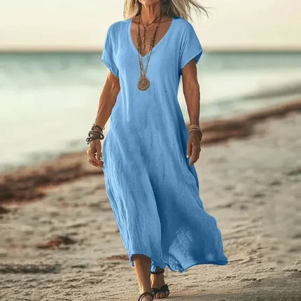 Women's Midi Dress Sundress Summer Dress Casual Daily Holiday Beach Regular Fit Linen Like Plain Short Sleeve V Neck White Pink Blue Green Summer - Image 3