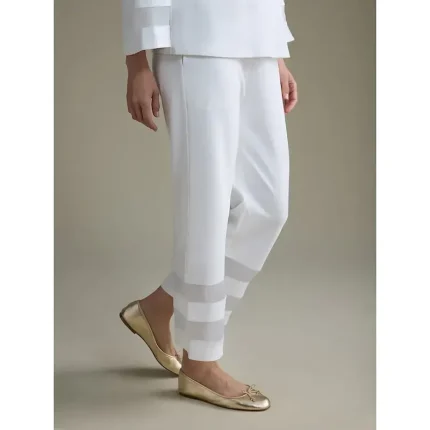 Women's White Modal Cropped Pants with Sheer Chiffon Hem Elastic Waist Loose Fit Comfortable Stylish Daily Work Fall