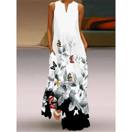 Women's Valentine Dress Tank Dress Floral Butterfly Pocket Print Split Neck Long Dress Maxi Dress Vacation Long Sleeve Summer - Image 4