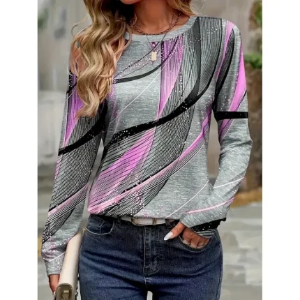 Women's T shirt Long Sleeve Crew Neck Long Sleeve Tunic Graphic Geometric Vintage Stylish Classic Round Neck Regular Tops Daily Print White Pink Green Khaki Light Grey Fall Prefall - Image 4