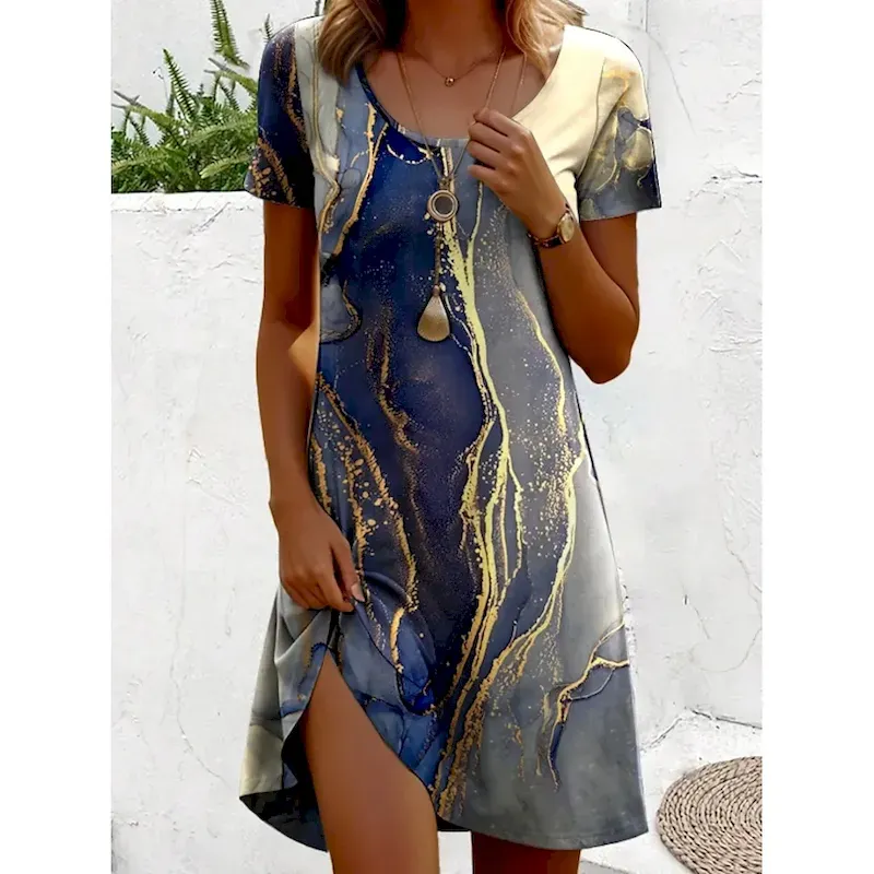 fnujfh1741318124363.webp Women's Mini Dress A Line DressCasual Dress T Shirt Dress Tee Dress Sundress Stylish Casual Vacation Casual Daily Regular Fit Graphic Marble Short Sleeve Crew Neck Dusty Blue Spring Fall - Image 1