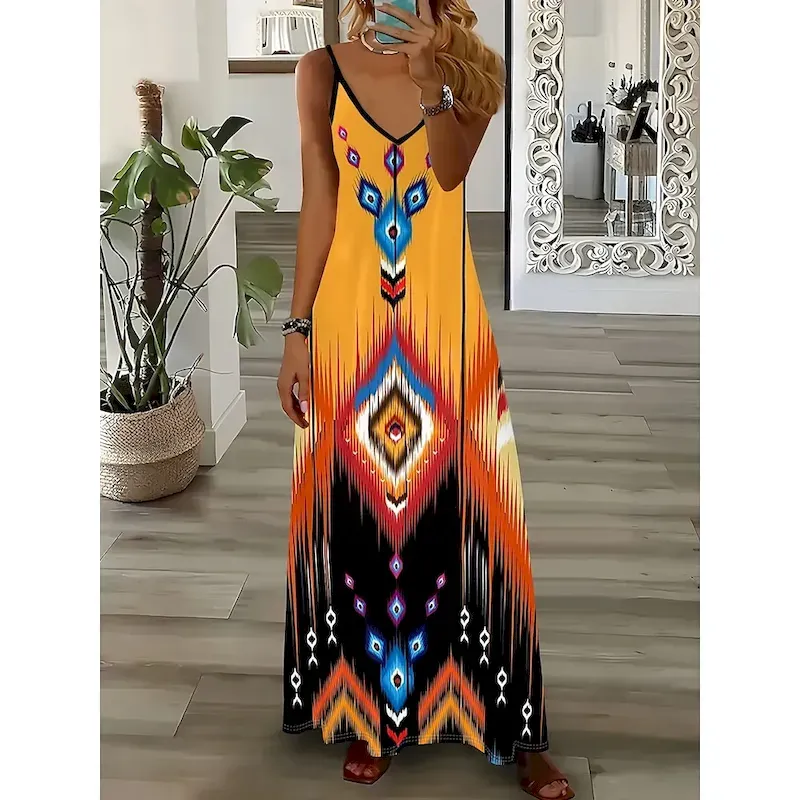 gezxkj1739772709239.webp Women's Maxi Dress Casual Dress A Line Dress Slip Dress Bohemia Vacation Vintage Vacation Daily Regular Fit Geometric Sleeveless V Neck Orange Summer - Image 1