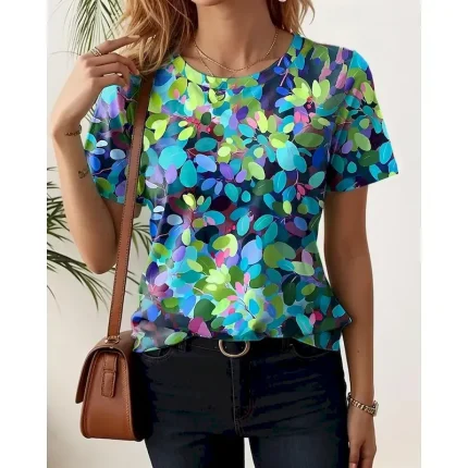 Women's T Shirt Floral Casual Short Sleeve Round Neck Regular Tops Daily Print Black White Light Green Blue Purple Summer - Image 6