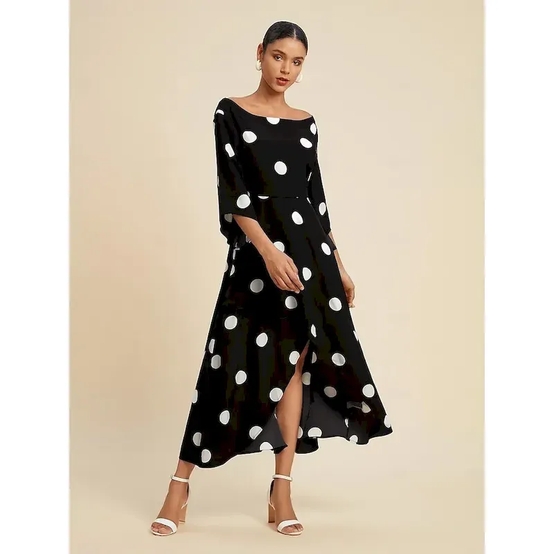 gxyoqc1716540245427.webp Women's Elegant Dress Midi Dress Black 3/4 Length Sleeve Polka dot print Asymetric Hem Off the Shoulder Spring & Summer Off Shoulder Elegant Romantic S M L - Image 1