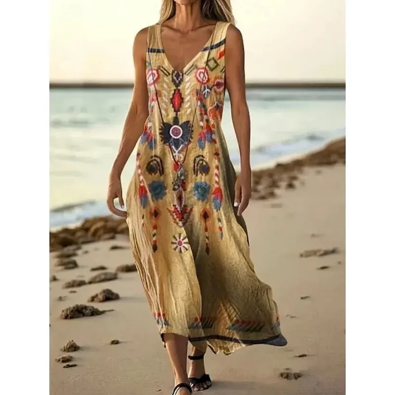hekzvt1749619197536.webp Women's Long Dress Maxi Dress Casual Dress Tank Dress Summer Dress African Daily Holiday Beach Regular Fit Geometric Tribal Sleeveless V Neck Red Khaki Summer - Image 1