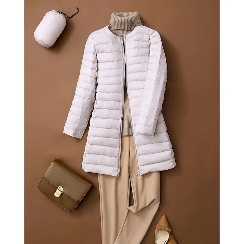 hskrwx1755257847798.webp Women's Down Jacket Coat Warm Comfortable Zipper Pocket Fashion Plain Daily Wear Going out Casual Daily Weekend Zipper Long Crewneck Regular Fit Long Sleeve Outerwear Silver Purple Khaki Fall Winter - Image 1