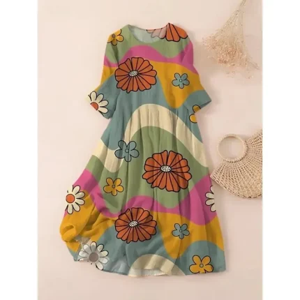 Women's Midi Dress T Shirt Dress Tee Dress A Line Dress Summer Dress Vacation Casual Beach Date Summer Dress Regular Fit Floral Graphic Short Sleeve Crew Neck Light Green Pink Red Light Brown Summer - Image 3