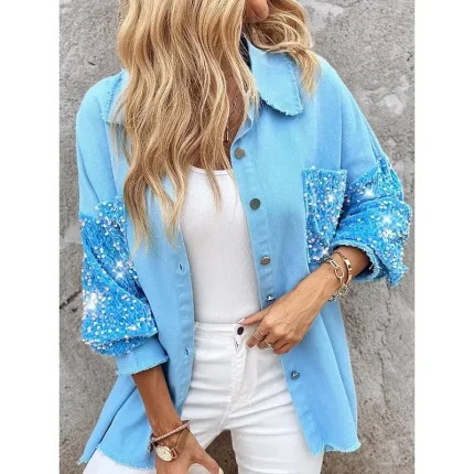 Women's Shirt Jacket Casual Jacket Breathable Comfortable Pocket Sequin Casual Plain Vacation Street Casual Daily Wear Single Breasted Regular Lapel Regular Fit Long Sleeve Outerwear Light Blue White - Image 4