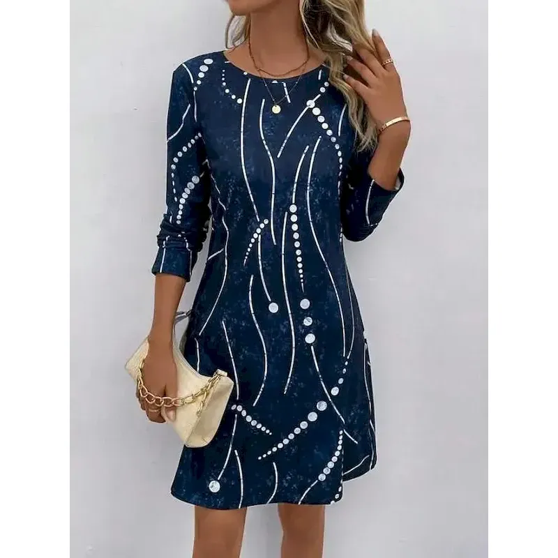 ktdwum1712051171717.webp Women's Midi Dress Round Neckline Abstract Beaded Constellation Pattern A-Line Three Quarter Sleeve Velvet Texture Navy Blue Casual to Formal Occasions - Image 1