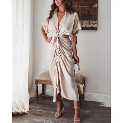 Women's Long Dress Maxi Dress Shirt Dress Casual Dress Summer Dress Stylish Casual Vacation Daily Date Regular Fit Plain Short Sleeve Lapel Black Champagne Red Light Purple Summer Spring - Image 4