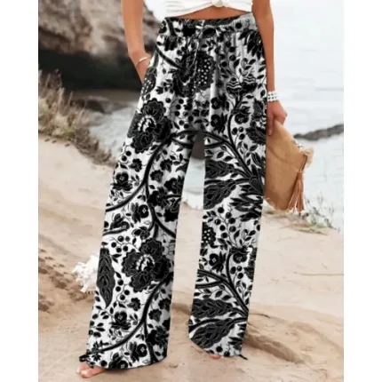 Women's Linen-Inspired Pants Wide Leg Palazzo Pants Fashion Boho Full Length High Waist Flower Elastic Waist Breathable Comfortable Micro-elastic Street Daily Wear Going out Black Red Blue Khaki - Image 4