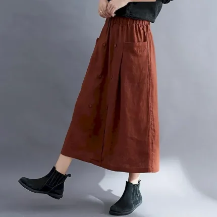 Women's Skirt A Line Long Skirt Linen Skirts coastalgrandmastyle Basic Casual Long Midi Skirts Solid Colored Pocket Split Ends Street Daily Black Brown Green Apricot Spring & Summer Cotton Linen - Image 3