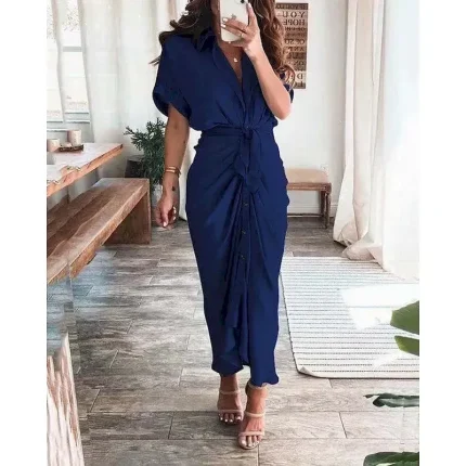 Women's Long Dress Maxi Dress Shirt Dress Casual Dress Summer Dress Stylish Casual Vacation Daily Date Regular Fit Plain Short Sleeve Lapel Black Champagne Red Light Purple Summer Spring - Image 3