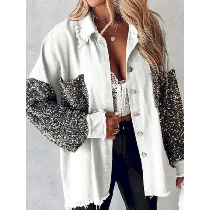 Women's Shirt Jacket Casual Jacket Breathable Comfortable Pocket Sequin Casual Plain Vacation Street Casual Daily Wear Single Breasted Regular Lapel Regular Fit Long Sleeve Outerwear Light Blue White - Image 3