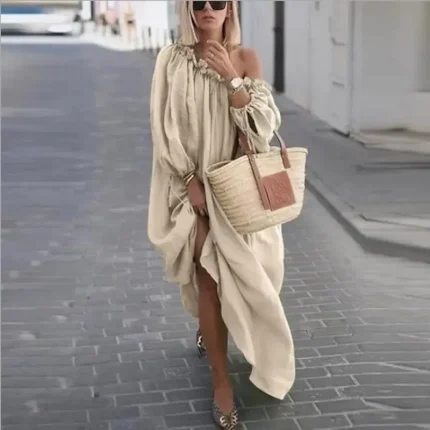 Women's Casual Dress Swing Dress Boho Dress Long Dress Maxi Dress Apricot Green Blue Long Sleeve Pure Color Ruched Winter Fall Spring One Shoulder Fashion Winter Dress Daily Vacation Loose Fit 2023 M - Image 3