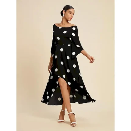 Women's Elegant Dress Midi Dress Black 3/4 Length Sleeve Polka dot print Asymetric Hem Off the Shoulder Spring & Summer Off Shoulder Elegant Romantic S M L - Image 5