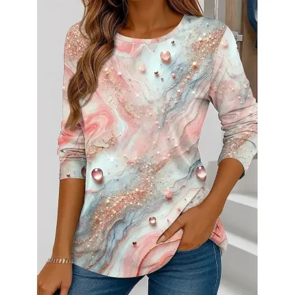 Women's T shirt Long Sleeve Crew Neck Long Sleeve Tunic Ombre Marble Elegant Vintage Regular Tops Daily Going out Weekend Print Black White Pink Navy Blue Blue Prefall - Image 6