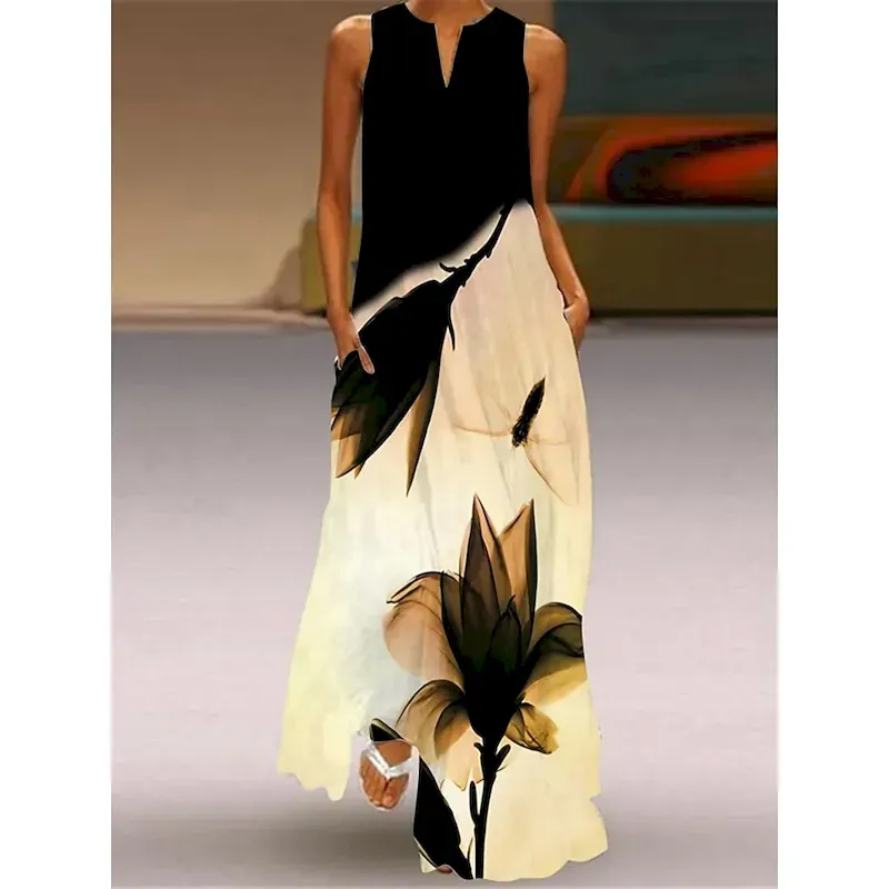 qwpoom1739514248932.webp Women's Maxi Dress Tank Dress Stylish Vacation Regular Fit Floral Color Block Sleeveless Split Neck Beige Summer - Image 1