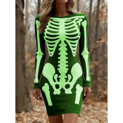Halloween Women's Mini Dress T Shirt Dress Tee Dress Bodycon Dress Vacation Casual Party Daily Slim Graphic Skull Long Sleeve Crew Neck White Red Purple Green Spring Fall Winter - Image 4