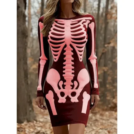Halloween Women's Mini Dress T Shirt Dress Tee Dress Bodycon Dress Vacation Casual Party Daily Slim Graphic Skull Long Sleeve Crew Neck White Red Purple Green Spring Fall Winter - Image 3