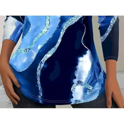 Women's T shirt Long Sleeve Crew Neck Long Sleeve Tunic Ombre Marble Elegant Vintage Regular Tops Daily Going out Weekend Print Black White Pink Navy Blue Blue Prefall - Image 3
