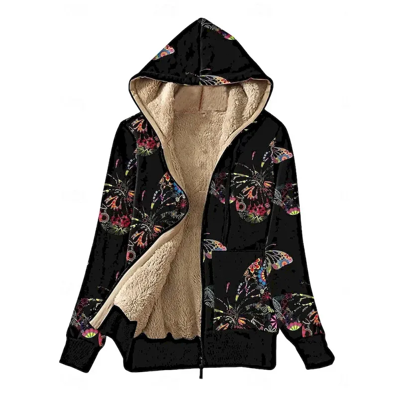 tefweo1729851564556.webp Women's Fleece Jacket Teddy Coat Hoodie Jacket Warm Breathable Zipper Pocket Fleece Lined Casual Butterfly Vacation Street Daily Wear Going out Zipper Regular Hoodie Regular Fit Long Sleeve Outerwear - Image 1
