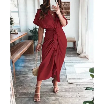 Women's Long Dress Maxi Dress Shirt Dress Casual Dress Summer Dress Stylish Casual Vacation Daily Date Regular Fit Plain Short Sleeve Lapel Black Champagne Red Light Purple Summer Spring - Image 6