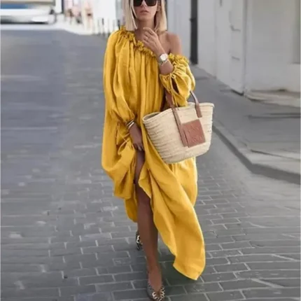 Women's Casual Dress Swing Dress Boho Dress Long Dress Maxi Dress Apricot Green Blue Long Sleeve Pure Color Ruched Winter Fall Spring One Shoulder Fashion Winter Dress Daily Vacation Loose Fit 2023 M - Image 5