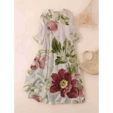 Women's Midi Dress T Shirt Dress Tee Dress A Line Dress Summer Dress Vacation Casual Beach Date Summer Dress Regular Fit Floral Graphic Short Sleeve Crew Neck Light Green Pink Red Light Brown Summer - Image 5