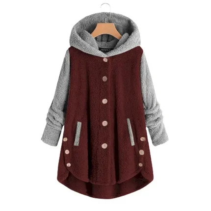 Women's Color Block Warm Teddy Fuzzy Long Sleeve Hoodie Long Tops Street Casual Buttons Pocket Black Pink Wine Blue Green Fall & Winter - Image 3