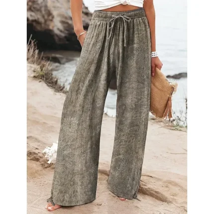 Women's Linen-Inspired Pants Wide Leg Palazzo Pants Fashion Boho Full Length High Waist Flower Elastic Waist Breathable Comfortable Micro-elastic Street Daily Wear Going out Black Red Blue Khaki - Image 3