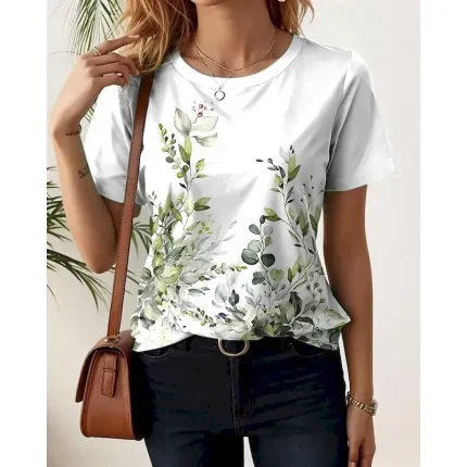 Women's T Shirt Floral Casual Short Sleeve Round Neck Regular Tops Daily Print Black White Light Green Blue Purple Summer - Image 5