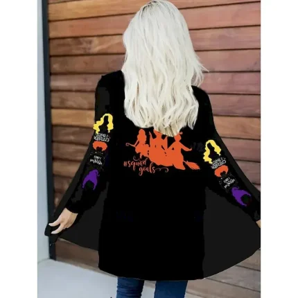 Halloween  Women's Winter Coat Trench Coat Lightweight Comfortable Witch Print Open Front Vintage Fashion Casual Vacation Casual Long Collarless Loose Fit Long Sleeve Outerwear Black White Red - Image 3