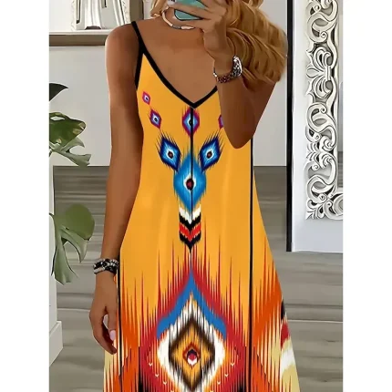 Women's Maxi Dress Casual Dress A Line Dress Slip Dress Bohemia Vacation Vintage Vacation Daily Regular Fit Geometric Sleeveless V Neck Orange Summer - Image 3