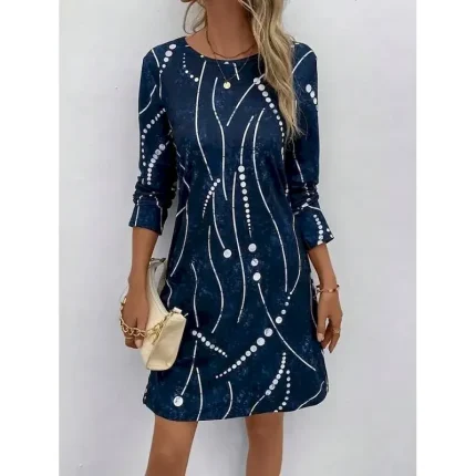 Women's Midi Dress Round Neckline Abstract Beaded Constellation Pattern A-Line Three Quarter Sleeve Velvet Texture Navy Blue Casual to Formal Occasions - Image 4