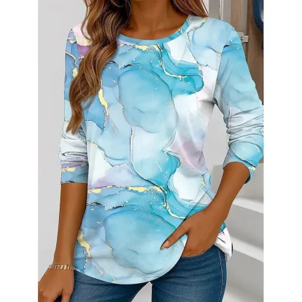 Women's T shirt Long Sleeve Crew Neck Long Sleeve Tunic Ombre Marble Elegant Vintage Regular Tops Daily Going out Weekend Print Black White Pink Navy Blue Blue Prefall - Image 5