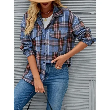 Women's Shirt Jacket Casual Jacket Comfortable Breathable Pocket Buttons Print Fashion Casual Plaid Vacation Street Casual Daily Wear Single Breasted Regular Stand Collar Regular Fit Long Sleeve - Image 4
