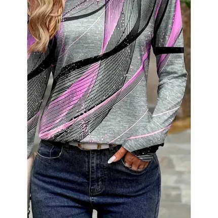 Women's T shirt Long Sleeve Crew Neck Long Sleeve Tunic Graphic Geometric Striped Vintage Stylish Round Neck Regular Tops Daily Print Purple Fall Prefall - Image 3
