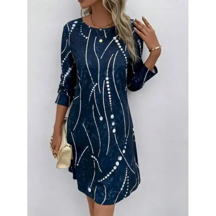 Women's Midi Dress Round Neckline Abstract Beaded Constellation Pattern A-Line Three Quarter Sleeve Velvet Texture Navy Blue Casual to Formal Occasions - Image 3