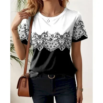 Women's T Shirt Floral Casual Short Sleeve Round Neck Regular Tops Daily Print Black White Light Green Blue Purple Summer - Image 4