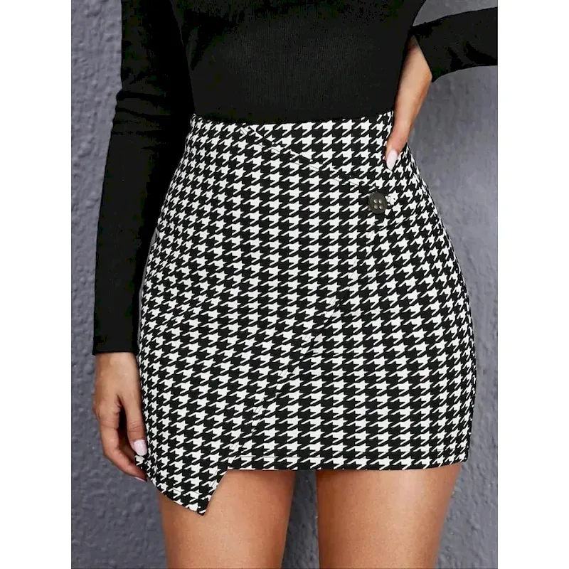 zgjkfz1758017200528.webp Women's Skirt Bodycon Fashion Casual Mini High Waist Skirts Houndstooth Print Micro-elastic Street Daily Black Spring Polyester - Image 1