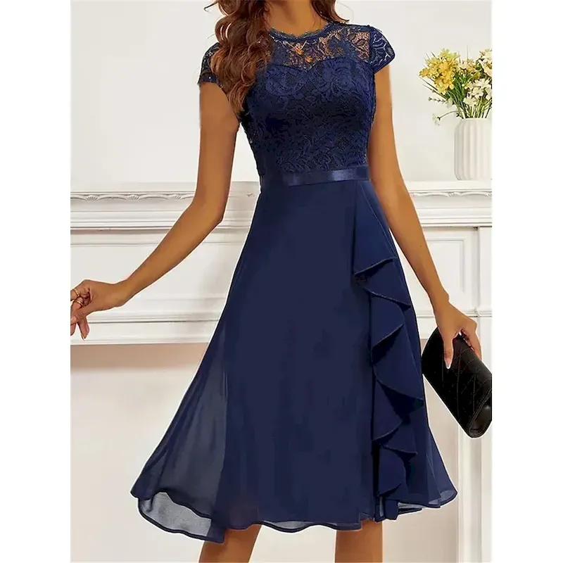 zgokcy1686738393751.webp Women's Party Dress Lace Dress Cocktail Dress Midi Dress Dark Blue Short Sleeve Pure Color Lace Summer Spring Fall Crew Neck Fashion Wedding Guest Vacation Summer Dress S M L XL 2XL - Image 1