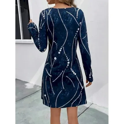Women's Midi Dress Round Neckline Abstract Beaded Constellation Pattern A-Line Three Quarter Sleeve Velvet Texture Navy Blue Casual to Formal Occasions - Image 6